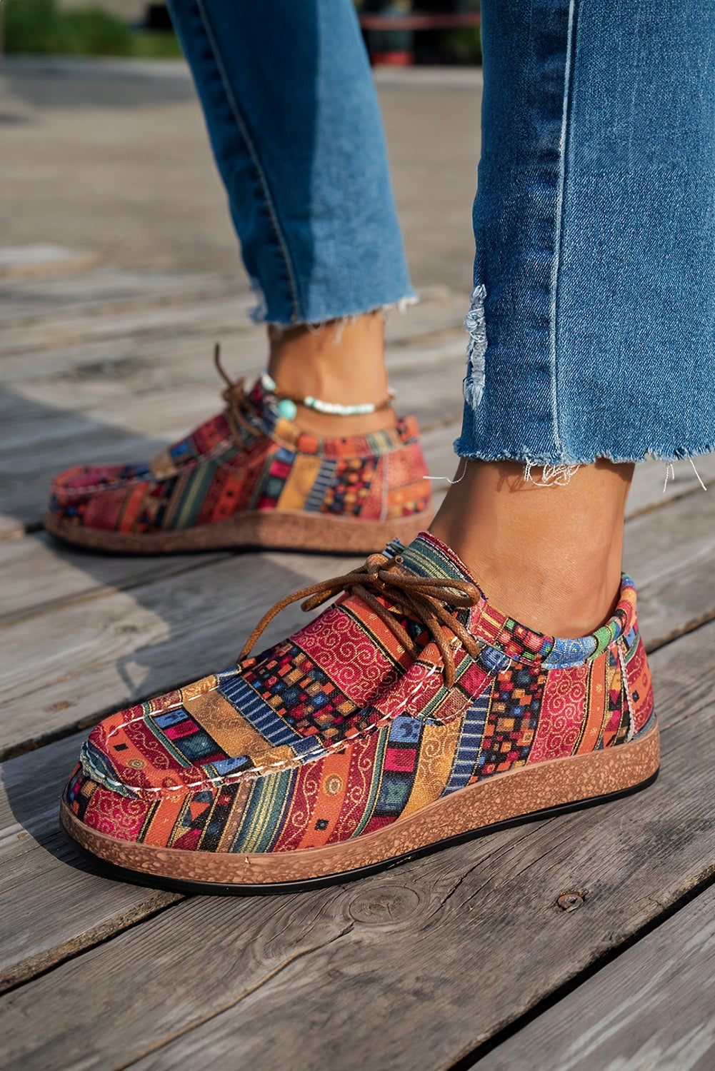Western Print Faux Suede Lace-up Decor Slip On Shoes
