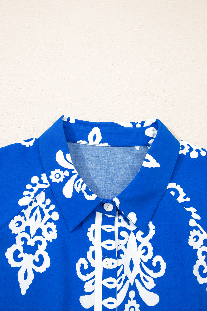 Blue Ethnic Geometric Print Short Puff Sleeve Mini Dress