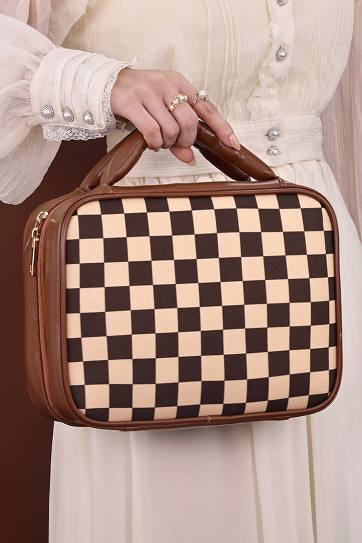 Checkered Multiple Compartments PU Leather Cosmetic Bag