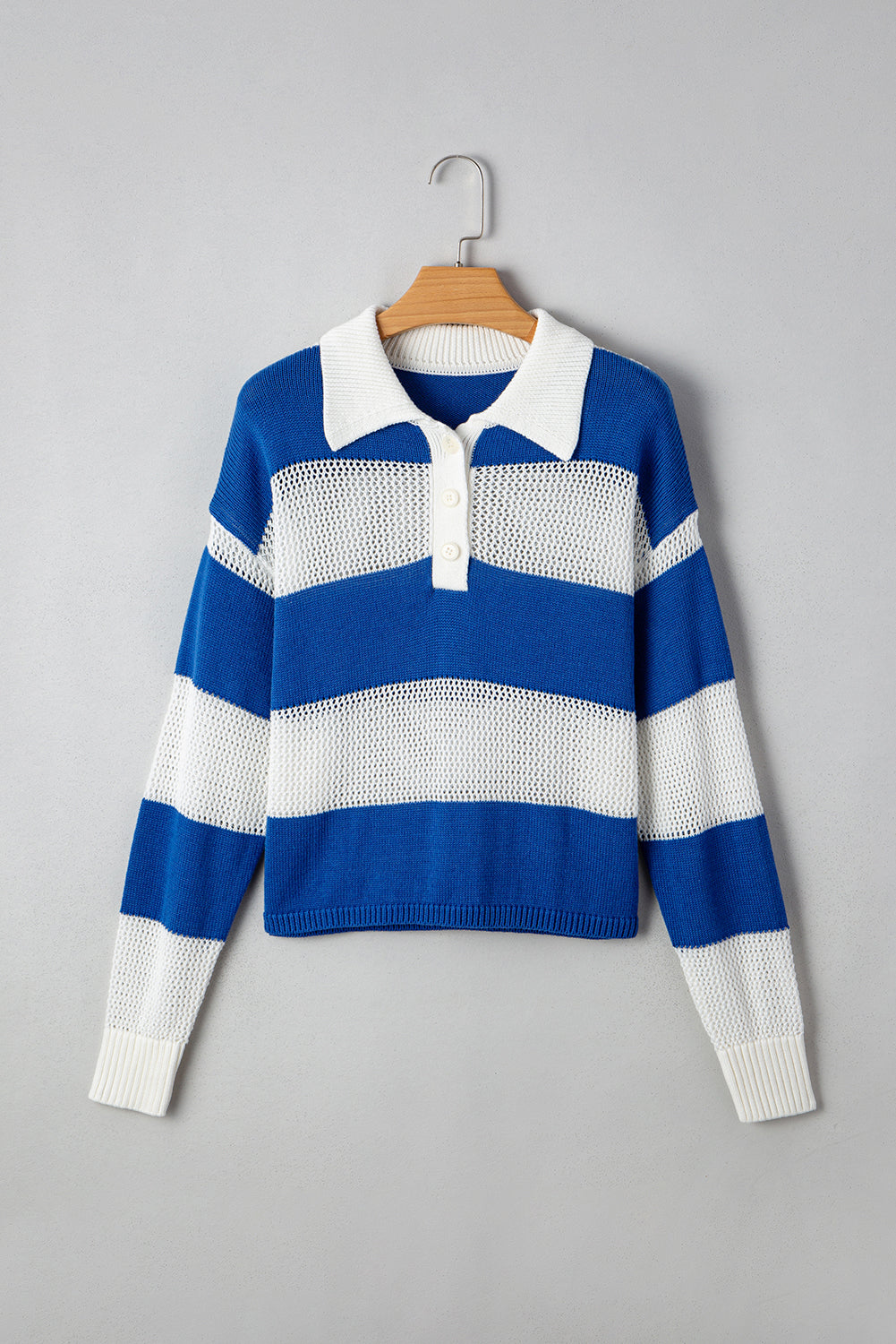 Colorblock Polo Collar Eyelet Crochet Knitted Sweater