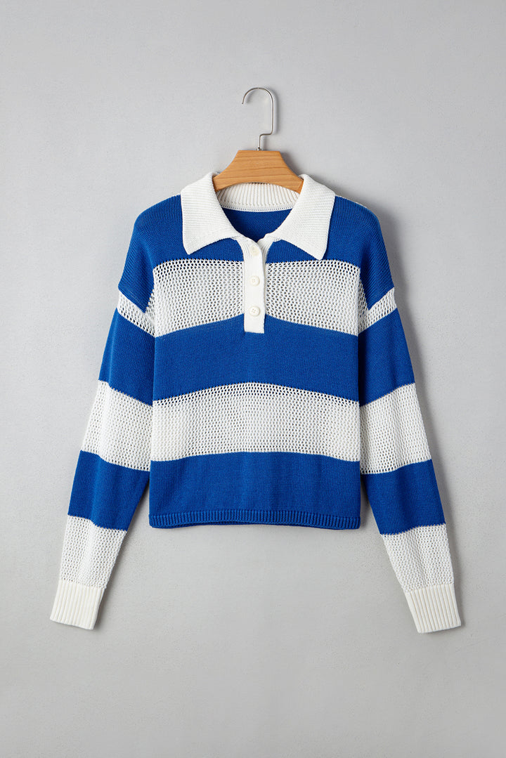 Colorblock Polo Collar Eyelet Crochet Knitted Sweater