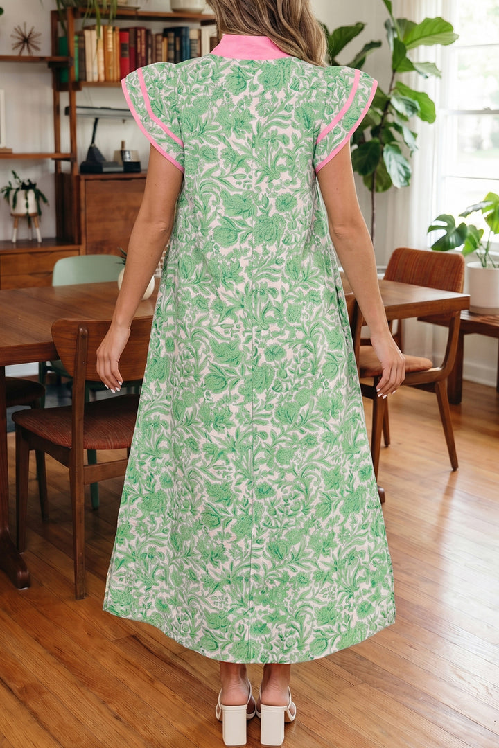 Green Floral Print Color Block Patchwork V Neck Short Sleeve Midi Dress