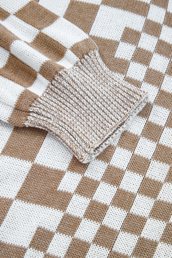 Brown Plus Size Checkered Bubble Sleeve Drop Shoulder Open Cardigan