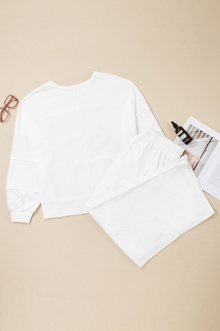 White Plus Size Pullover Top and Drawstring Pants Set