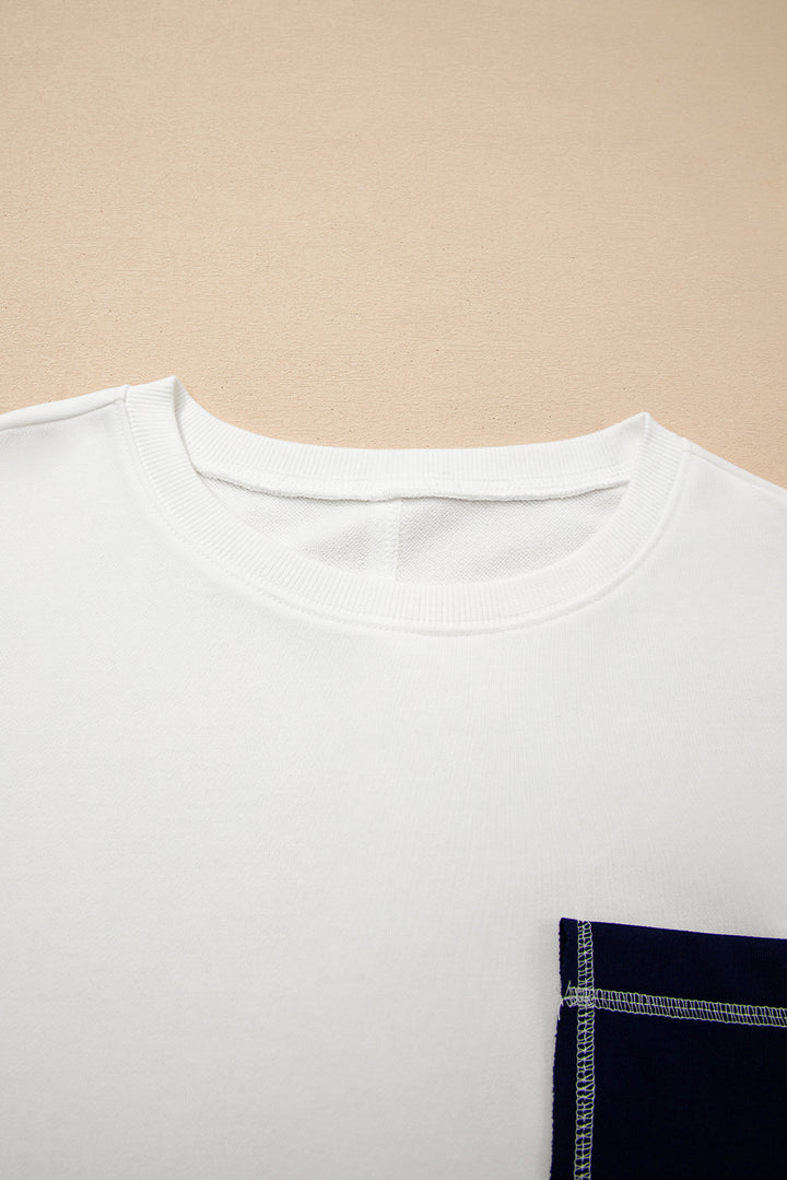 White Exposed Seam Detail Color Block Patch Pocket Drop Shoulder Sweatshirt