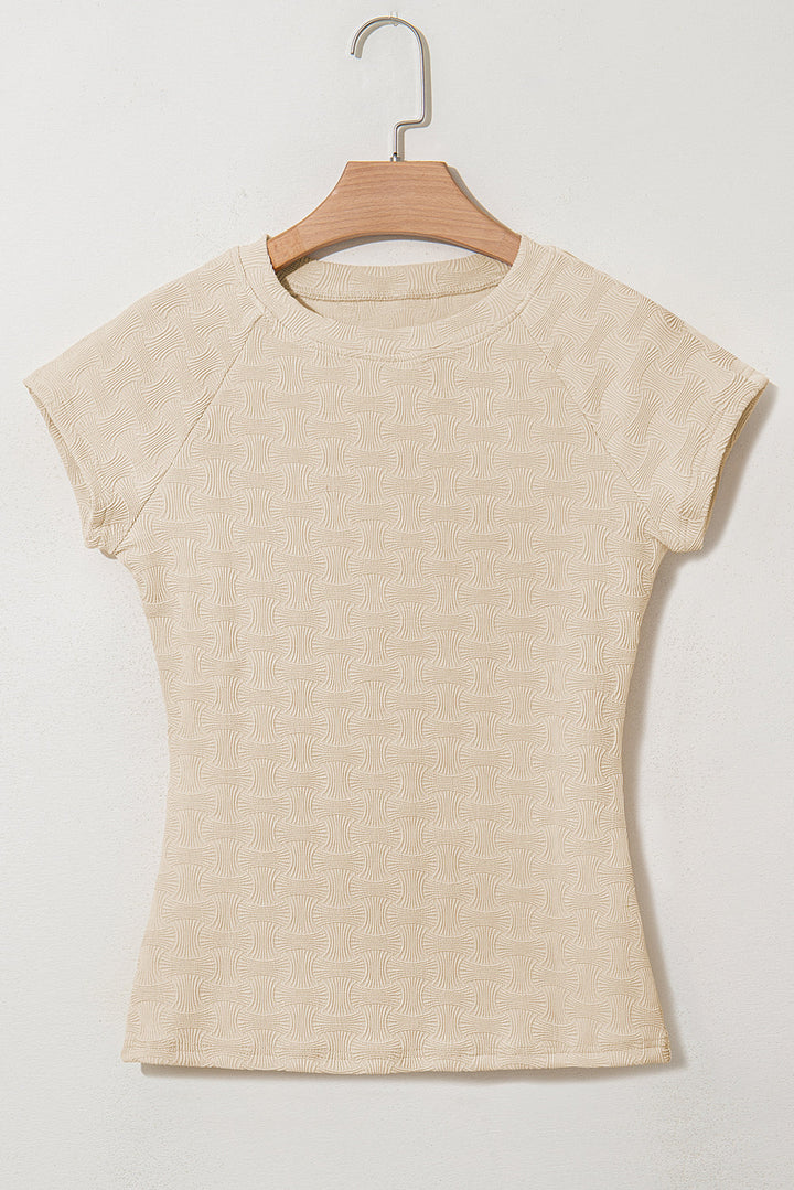 textured crew neck cap sleeve slim stretchy t shirt
