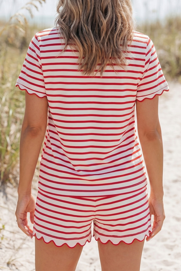 Cute Red Stripe Scallop Trim Casual Top 2pcs Short Set