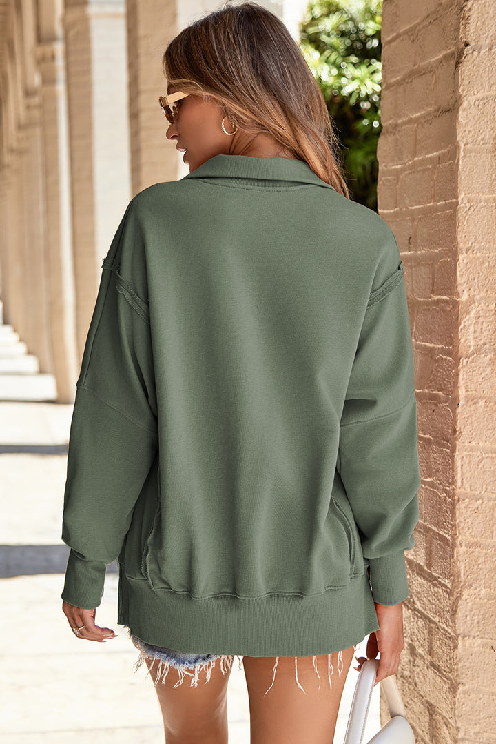 Buttoned Collared Raw Detail High Low Baggy Sweatshirt with Slits