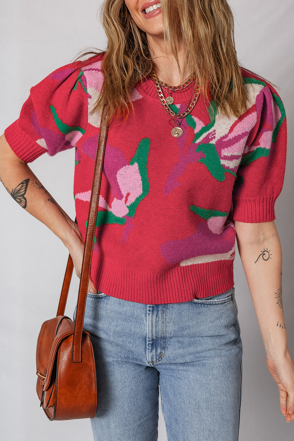Floral Abstract Print Short Puff Sleeve Sweater