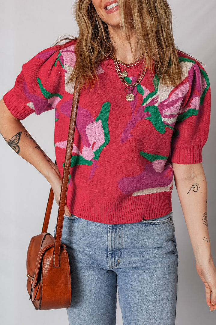 Floral Abstract Print Short Puff Sleeve Sweater