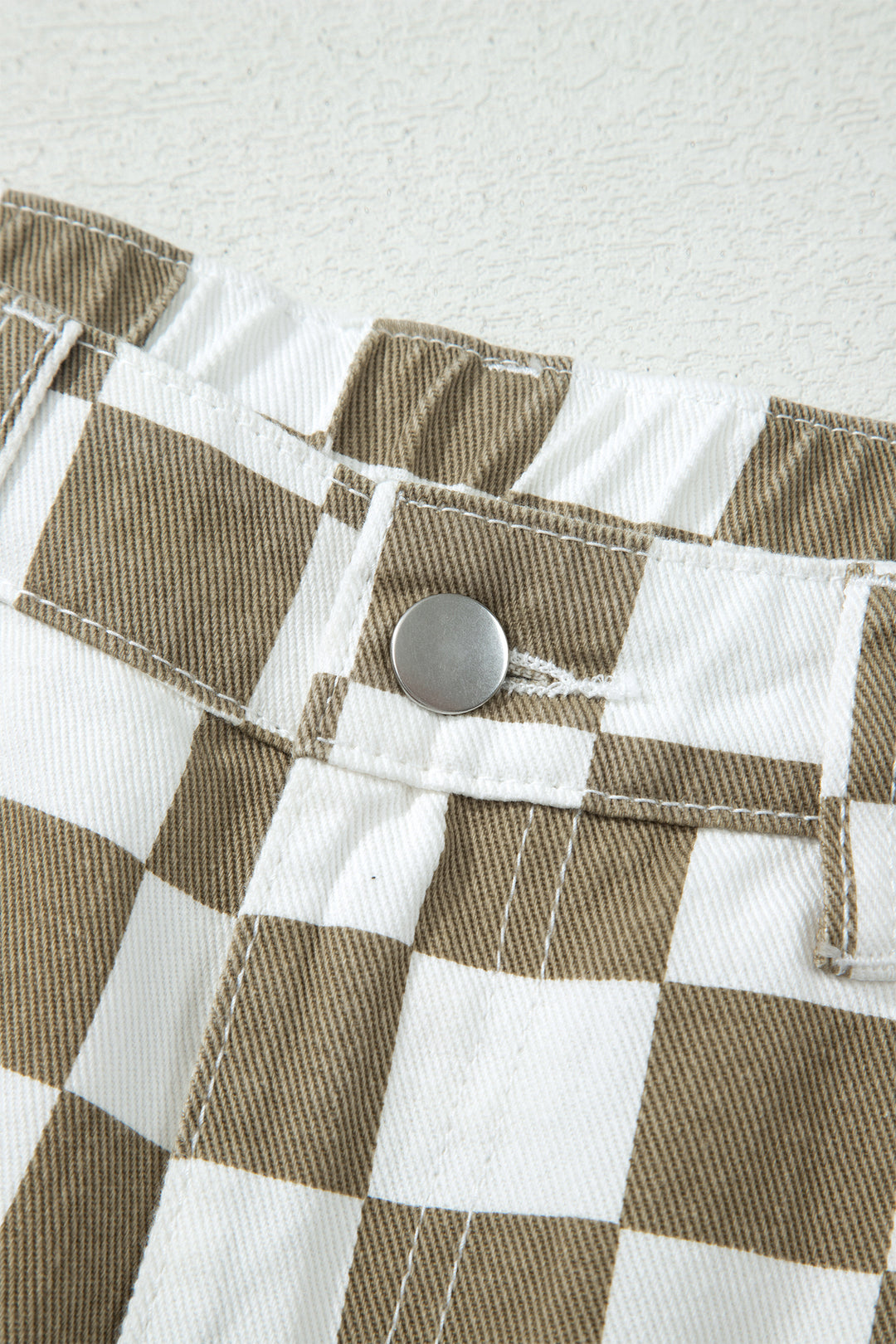 White Checkered Print Denim Barrel Pants