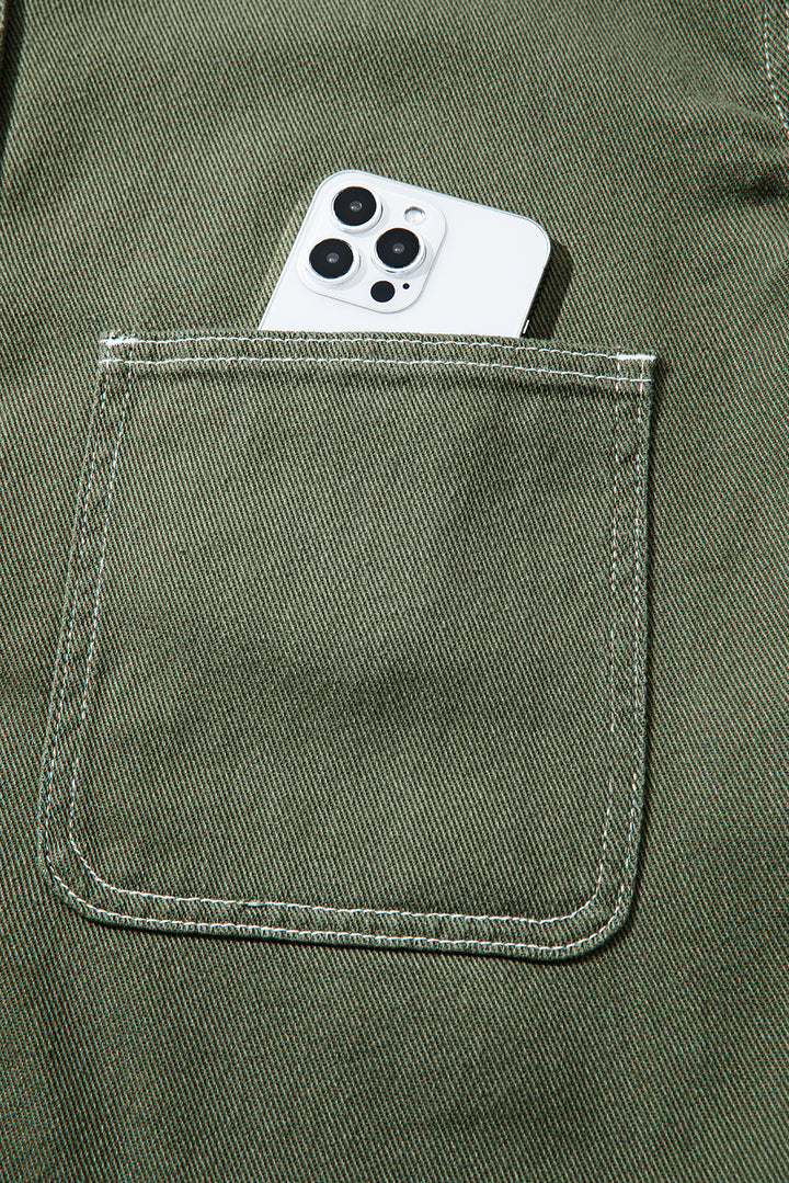 Patched Pocket Collared Button Front Boyfriend Denim Jacket