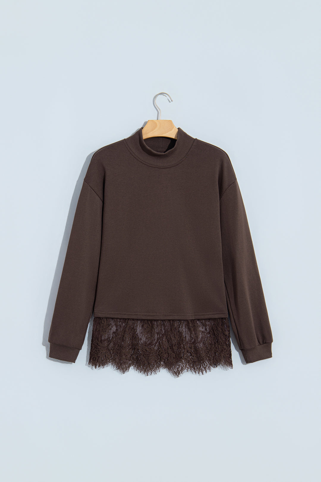 Coffee Solid Color High Neck Lace Splicing Hem Pullover Sweatshirt