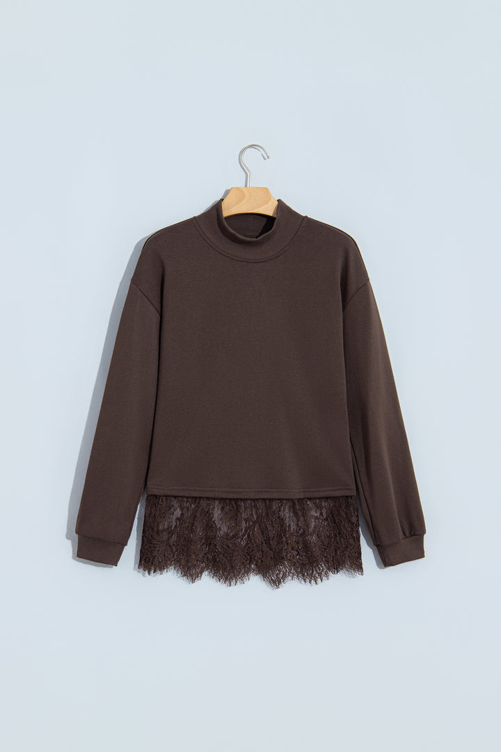 Coffee Solid Color High Neck Lace Splicing Hem Pullover Sweatshirt