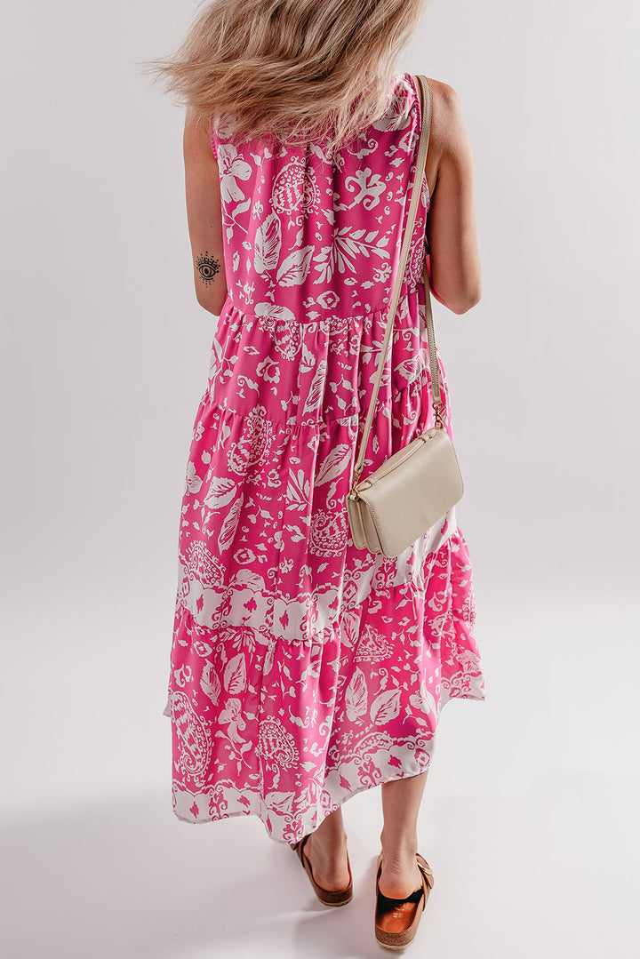 Floral Sleeveless Tasseled Lace-up Neck Tiered Midi Dress
