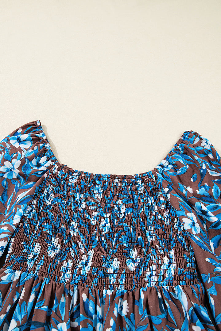 Smocked Bodice High Waist Ruffled Sleeve Floral Dress