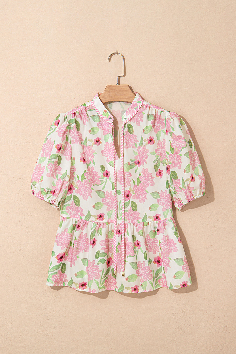 floral print drawstring v neck peplum blouse