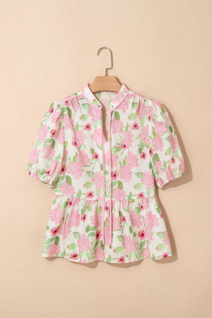 floral print drawstring v neck peplum blouse