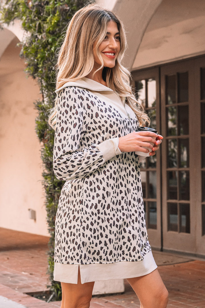 Leopard Print Zip up Collar Patchwork Shift Mini Dress