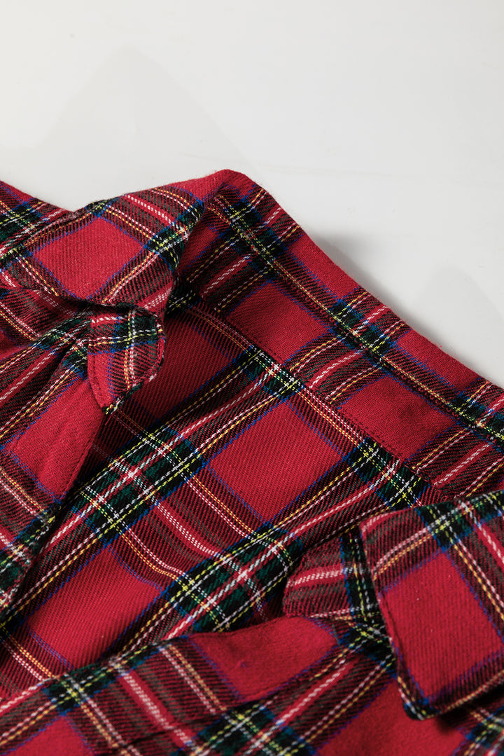 Plaid Shirt Collar Half Button Ruffle Hem Long Sleeve Mini Dress