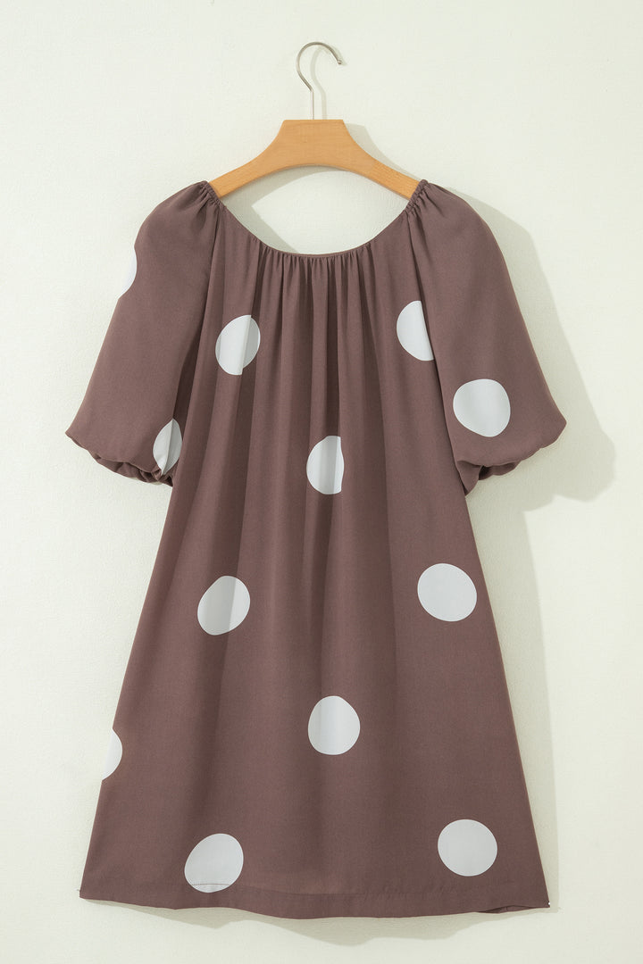 Brown Polka Dot Print Knot Back Short Puff Sleeve Loose Mini Dress