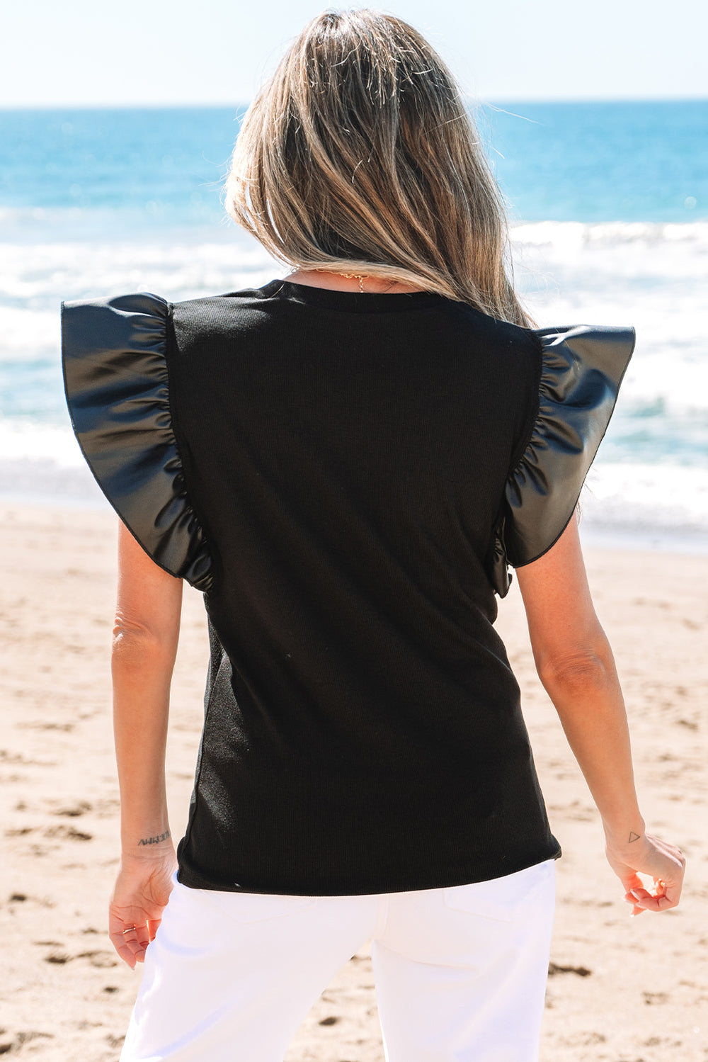 Leather Ruffle Sleeve Patchwork Round Neck Blouse
