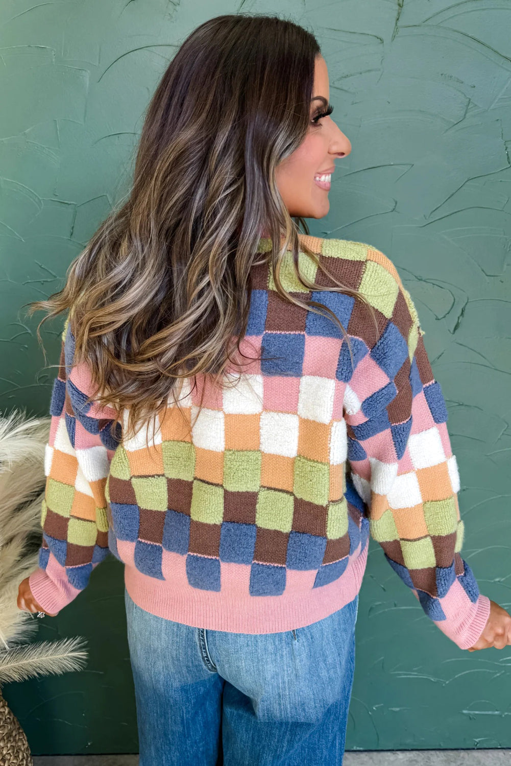 Plush Checkered Pattern Button Front Cardigan Sweater