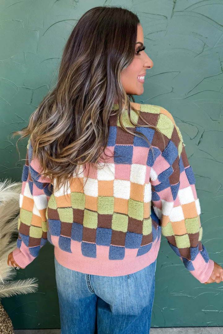 Plush Checkered Pattern Button Front Cardigan Sweater