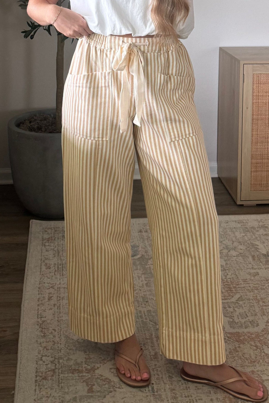 Apricot Stripe Ribbon Drawstring Waist Full-Length Cotton Shift Pant