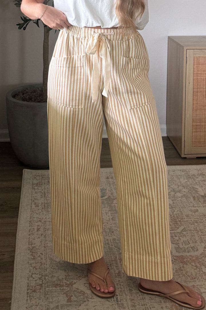 Apricot Stripe Ribbon Drawstring Waist Full-Length Cotton Shift Pant