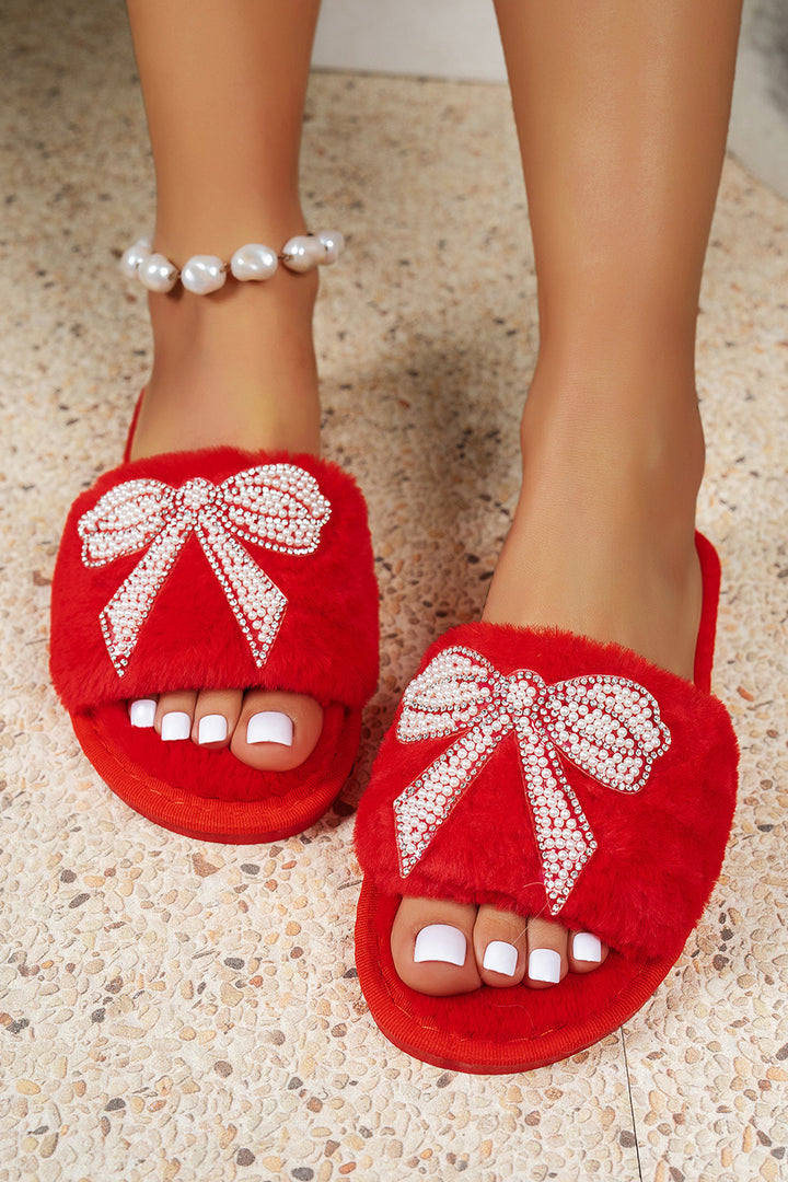 Pearl Rhinestone Embellished Bow Open Toe Plush Slippers