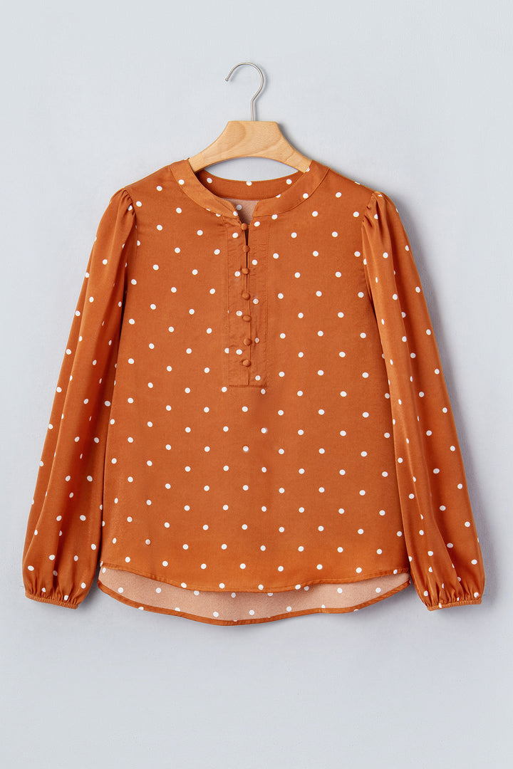 Brown Polka Dot V Neck Long Sleeve Blouse