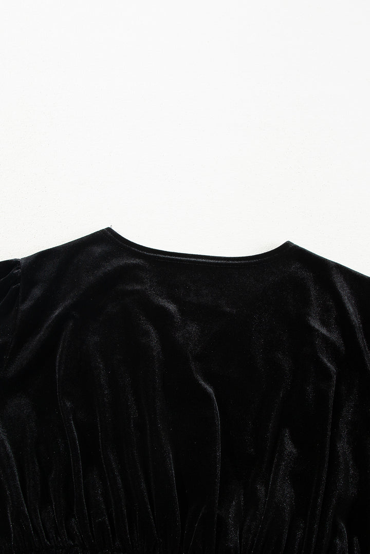Luxurious Black Velvet Long Sleeve Surplice High Waist Mini Dress