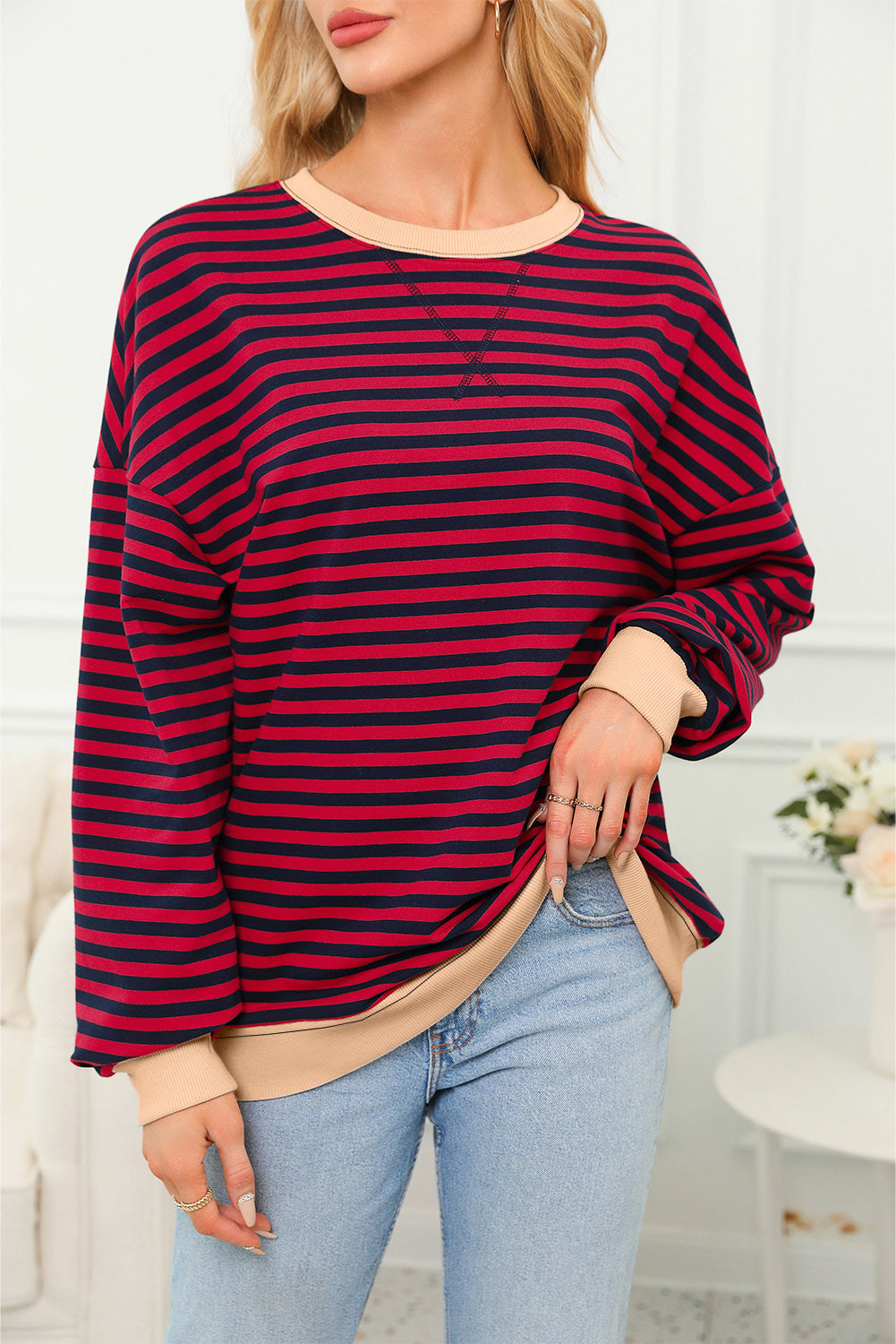 Contrast Ribbed Trim Crossed Stitch Drop Shoulder Sweatshirt