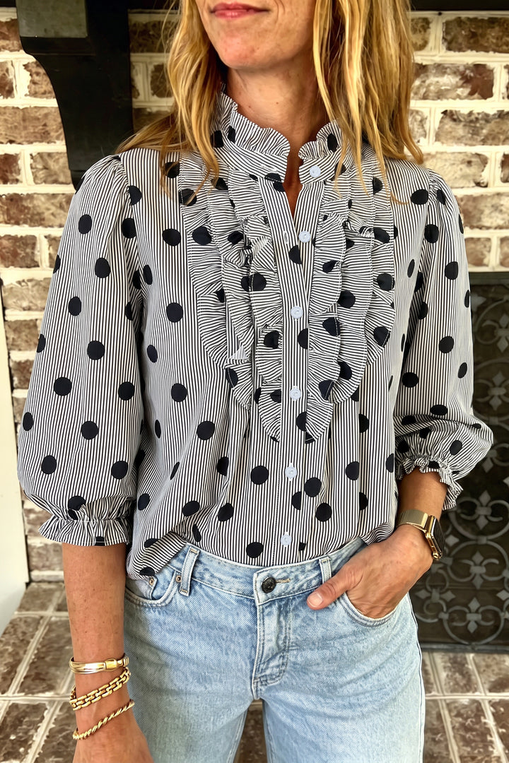 Black white Polka Dot Striped Print Ruffle Stand Neck Shift Shirt