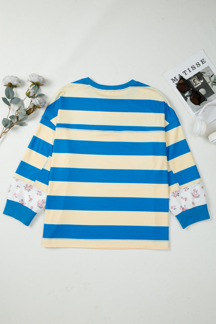 Blue Stripe Floral Color Block Drop Shoulder Plus Size Pullover Top