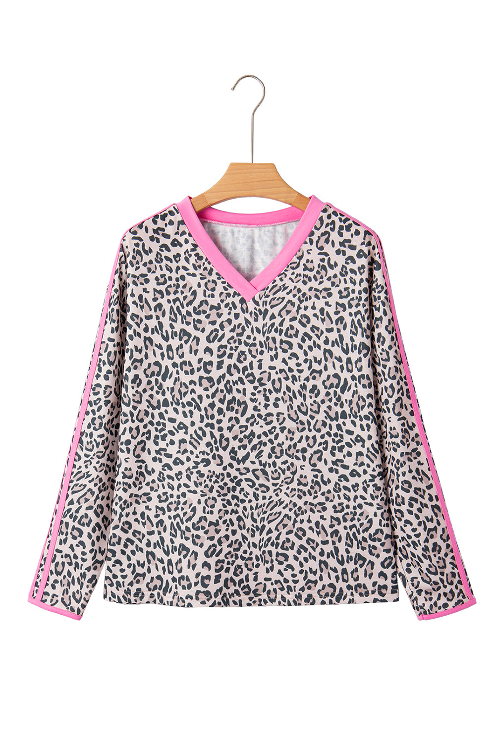 Leopard Print Contrast V Neck Varsity Stripe Detail Long Sleeve Top