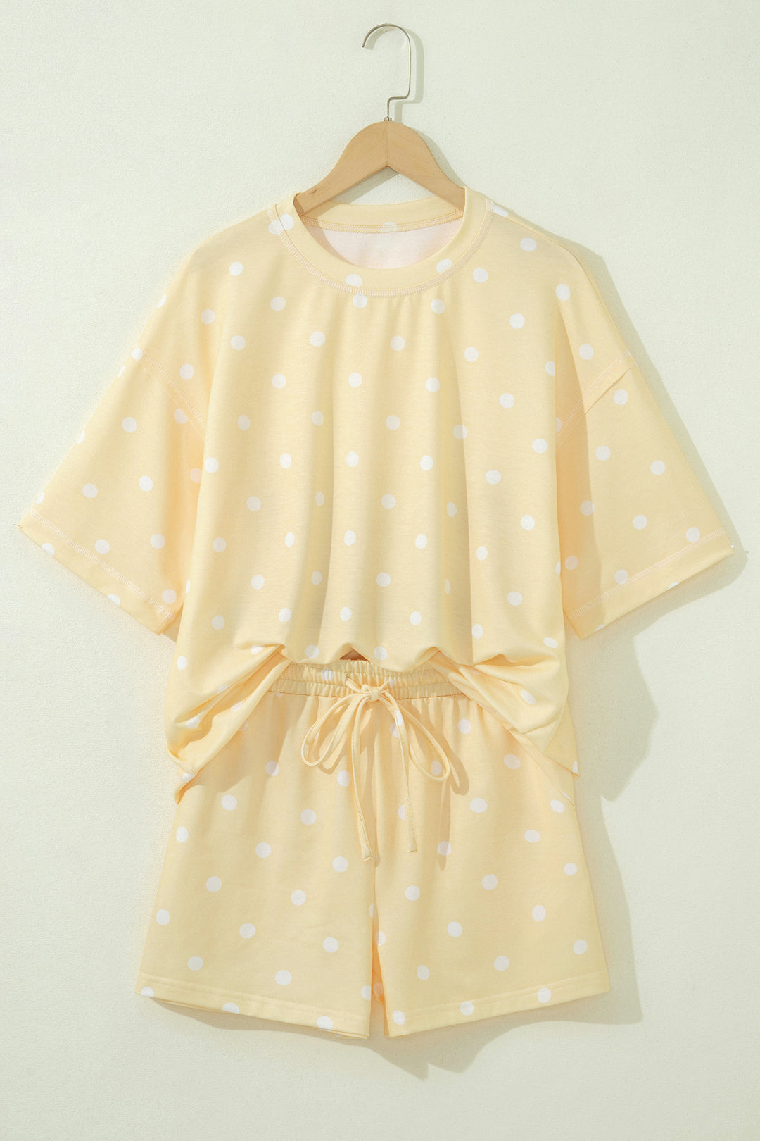 Yellow Polka Dot Short Sleeve Loose Top Drawstring Shorts Set