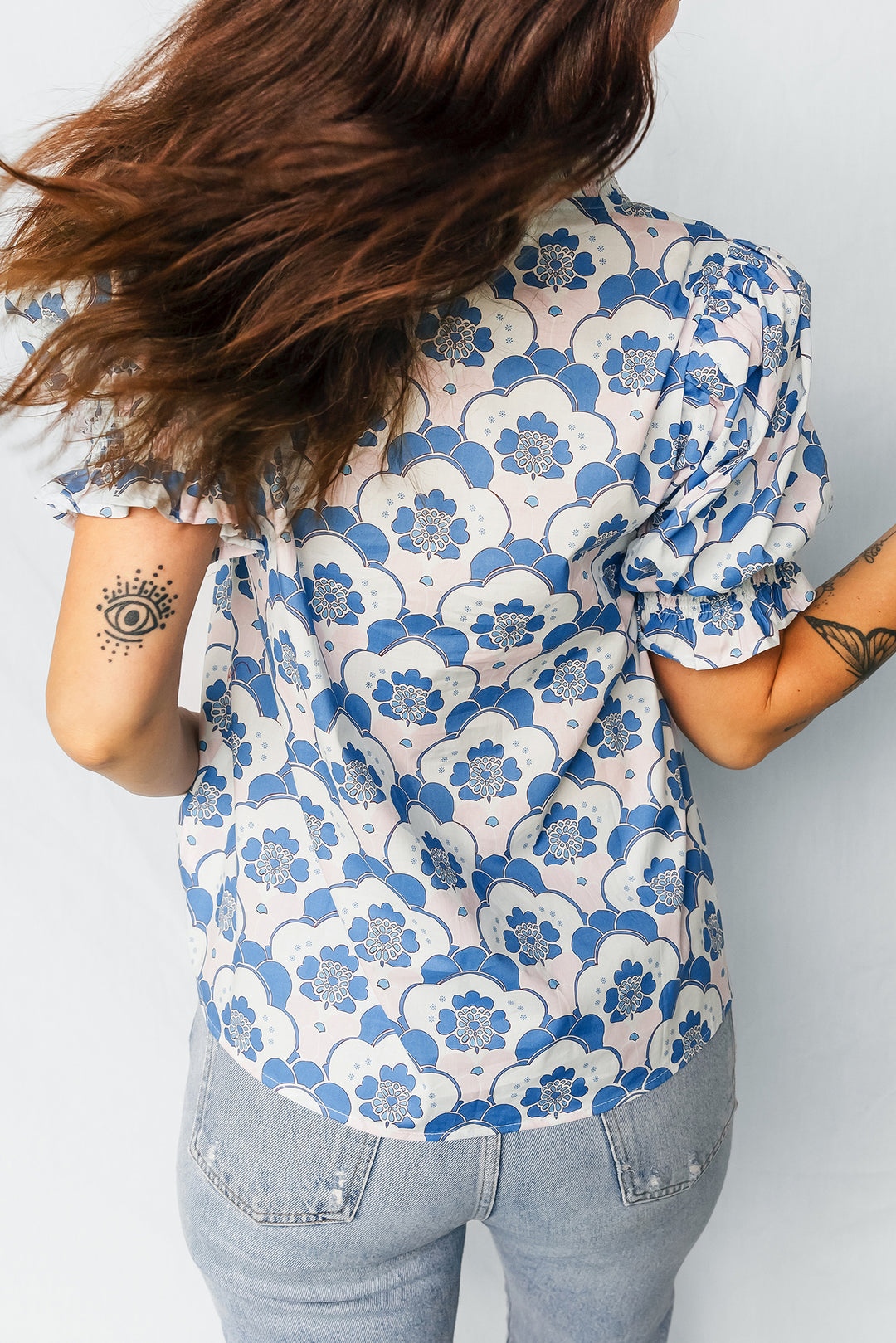 Floral Print Flounced Short Sleeve Contrast Trim V Neck Blouse