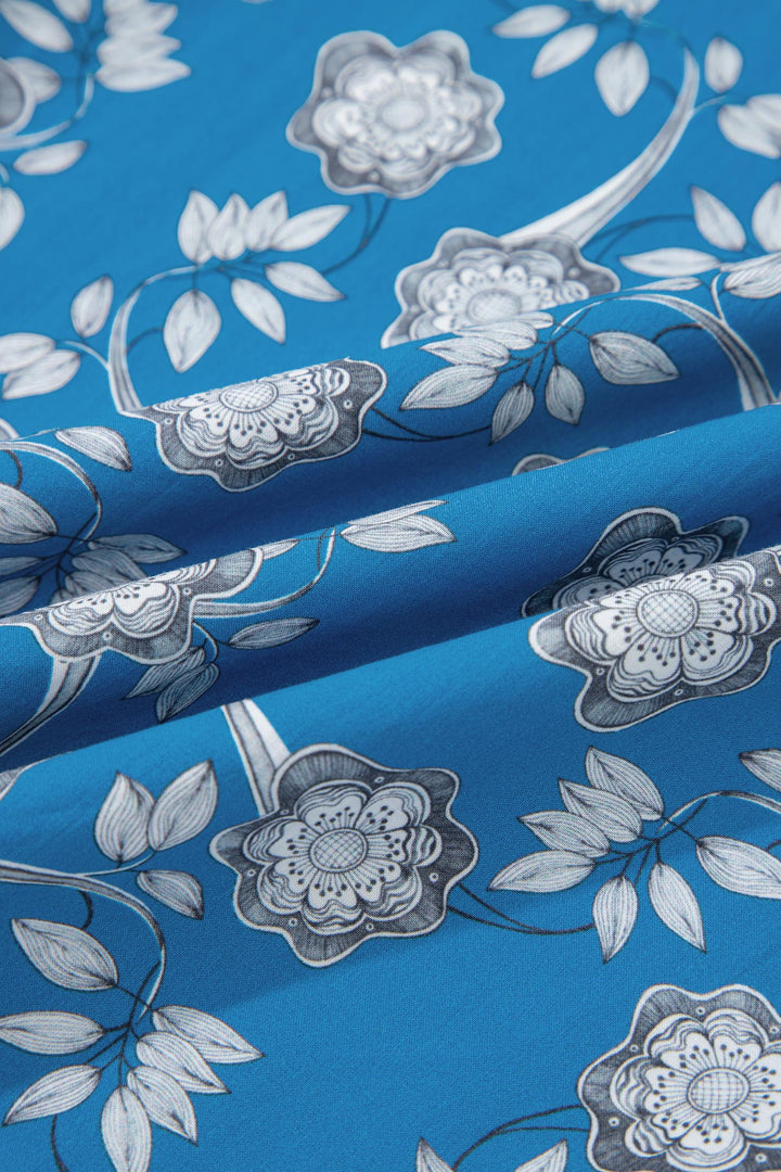 Blue Retro Floral Print Striped Trim Button Neck Short Sleeve Blouse