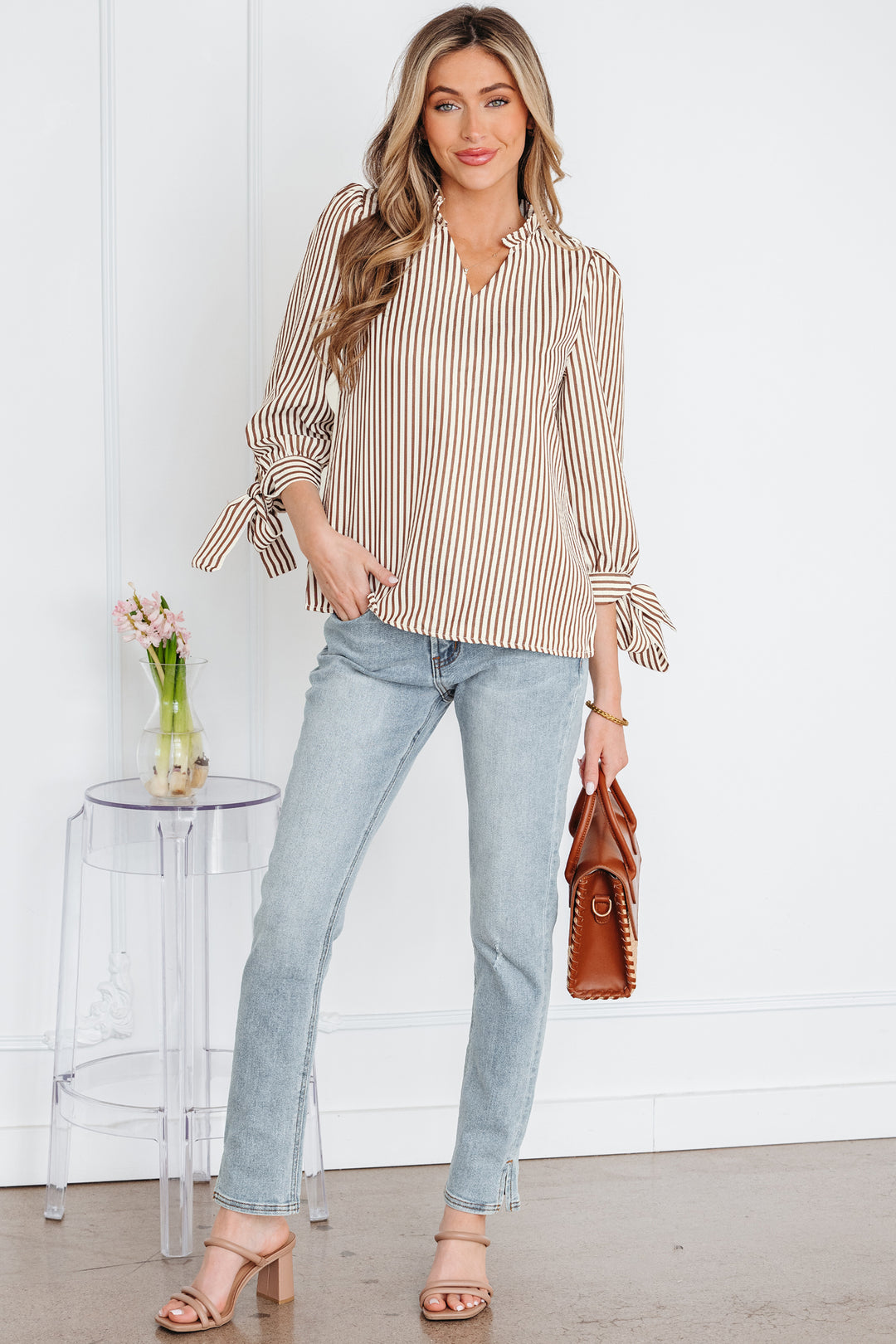 Striped Print Tied Cuffs Split Neck Seersucker Blouse
