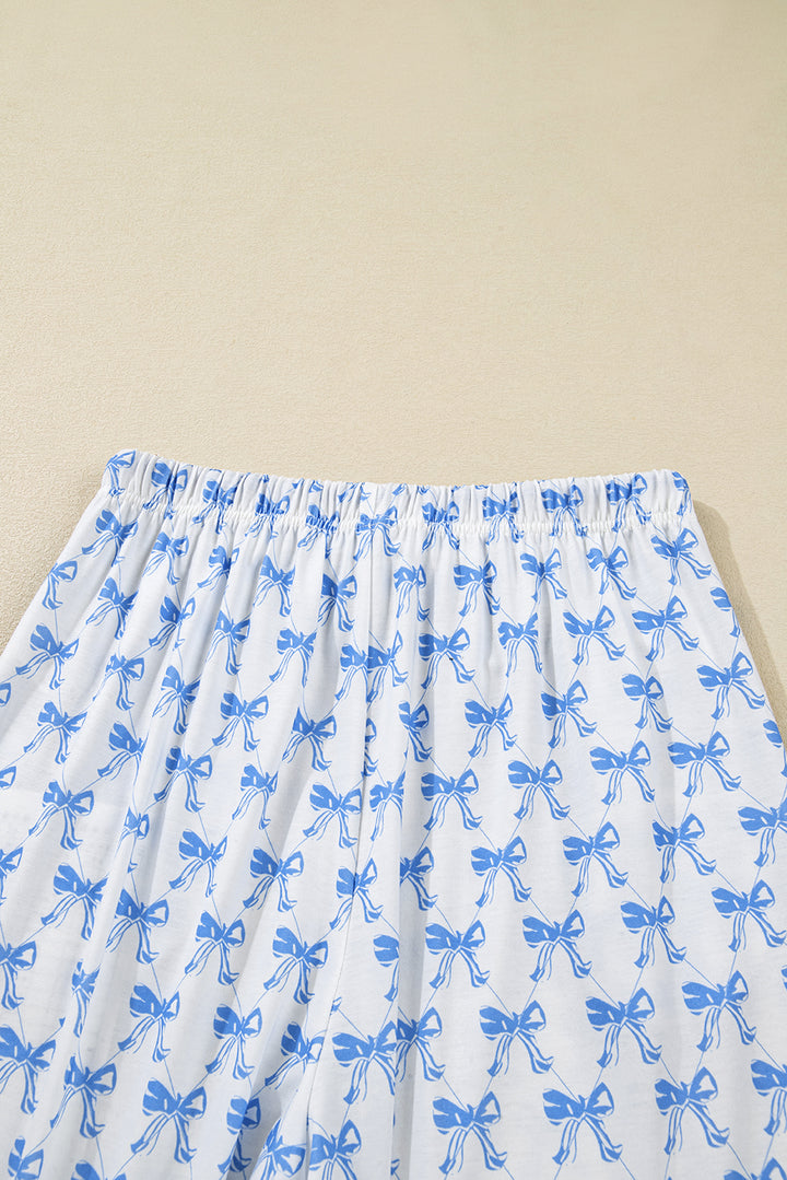 Sky Blue Bow Print Long Sleeve Shirt and Pants Soft Pajama Set
