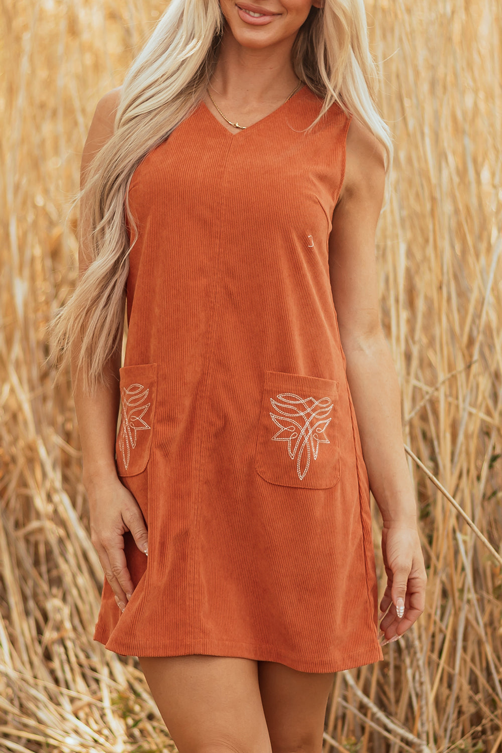 Corduroy Western Embroidered Patched Pocket Shift Sleeveless Mini Dress