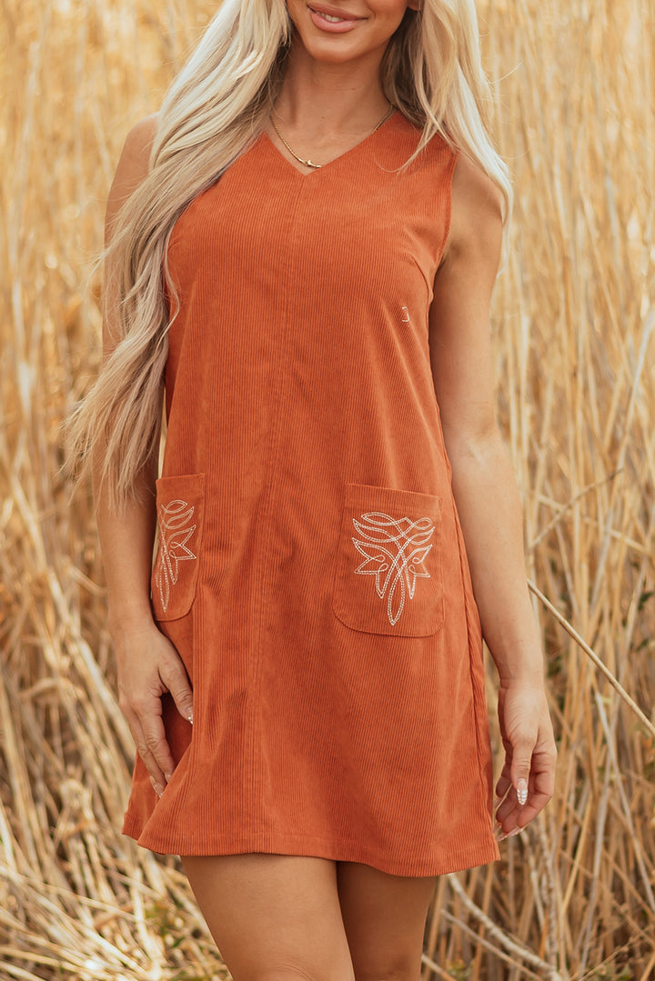 Corduroy Western Embroidered Patched Pocket Shift Sleeveless Mini Dress