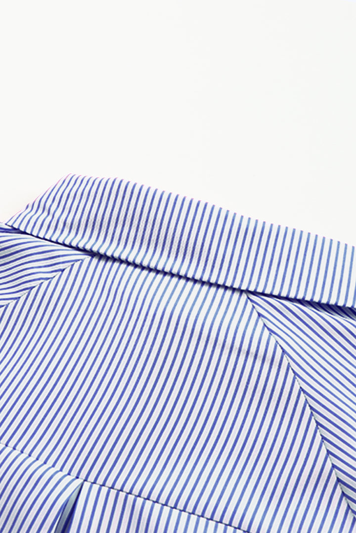 Blue Stripe Smocked Cuffed Striped Boyfriend Shirt with Pocket