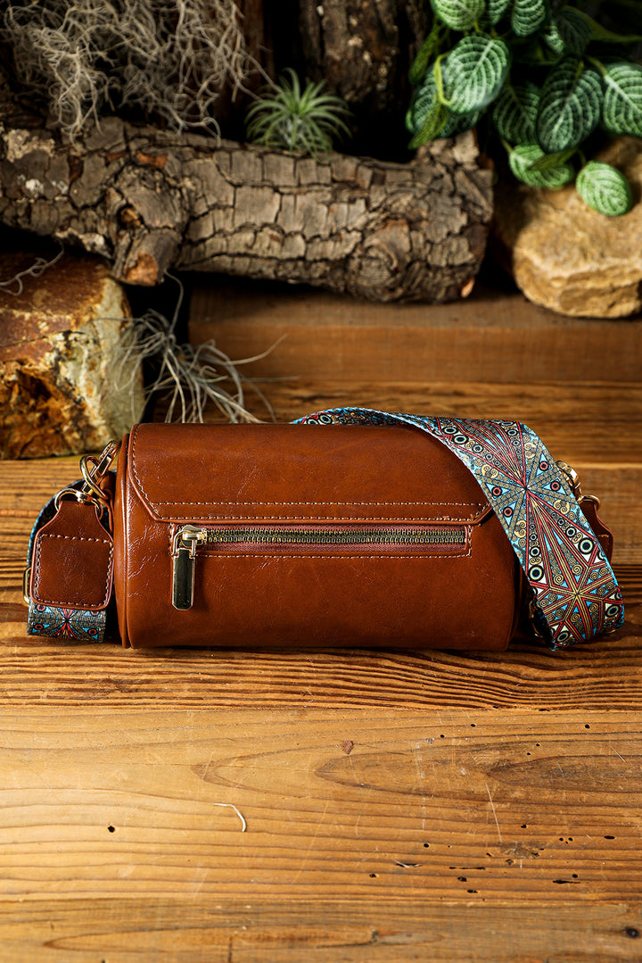 PU Leather Flap Shoulder Bag with Retro Print Wide Strap