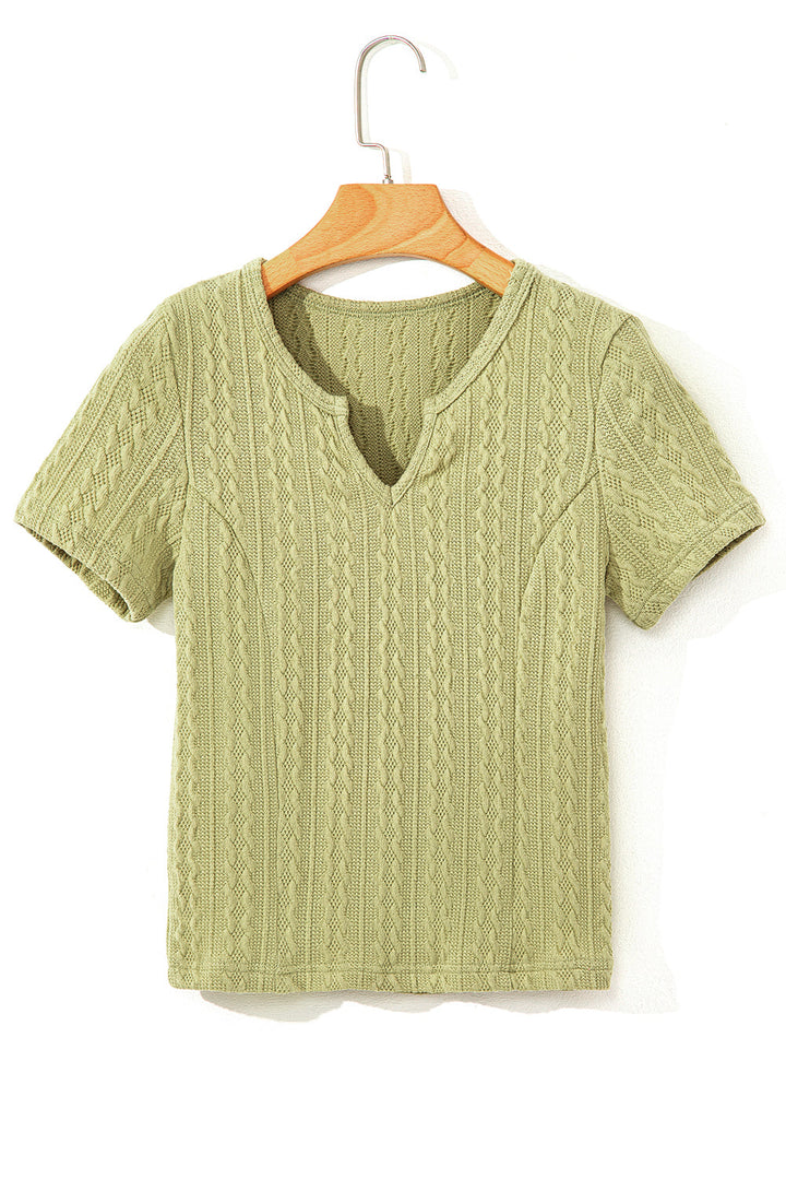 Textured Knit Slim Fit Notch V Neck T Shirt