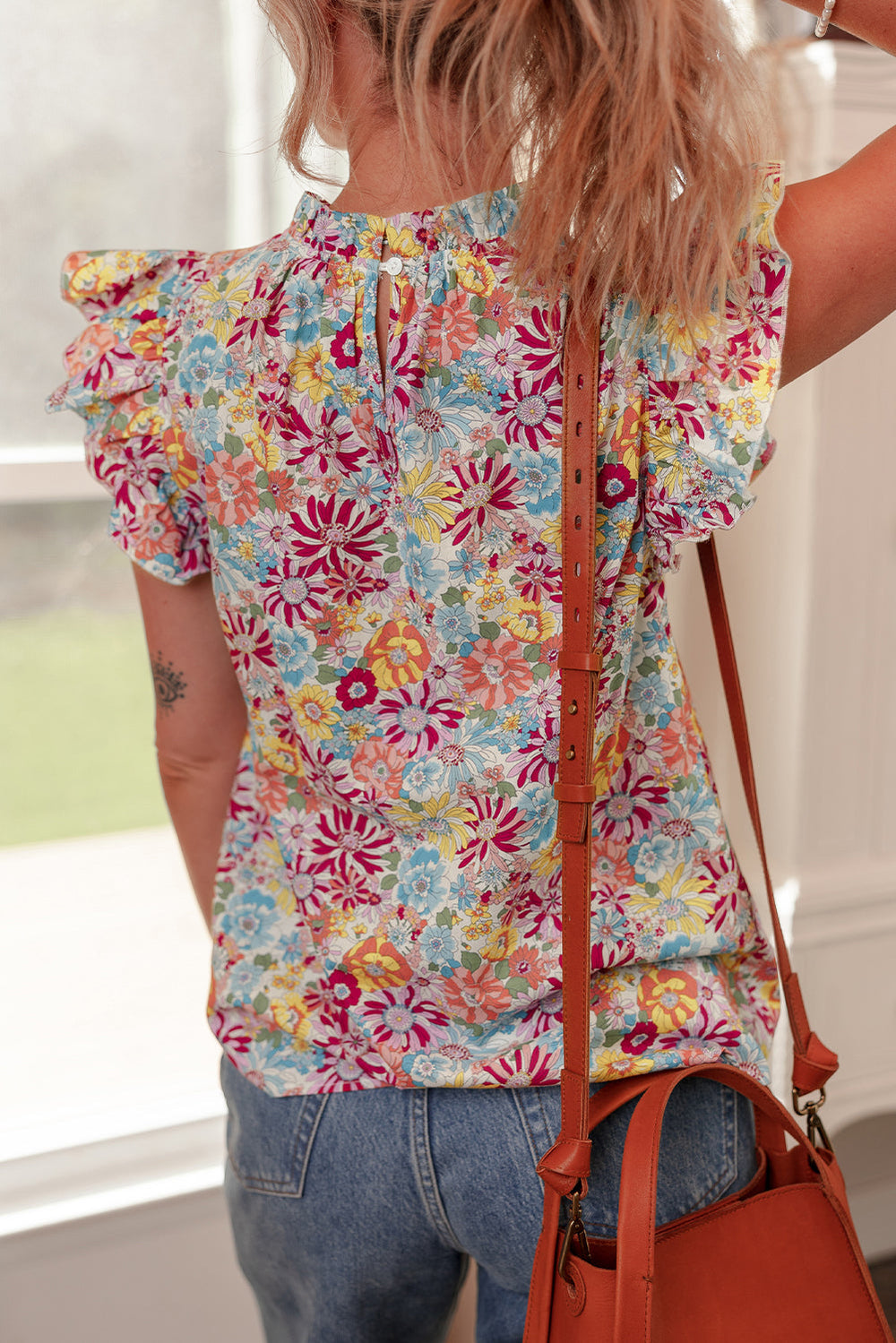 floral pleated detail flutter sleeve blouse