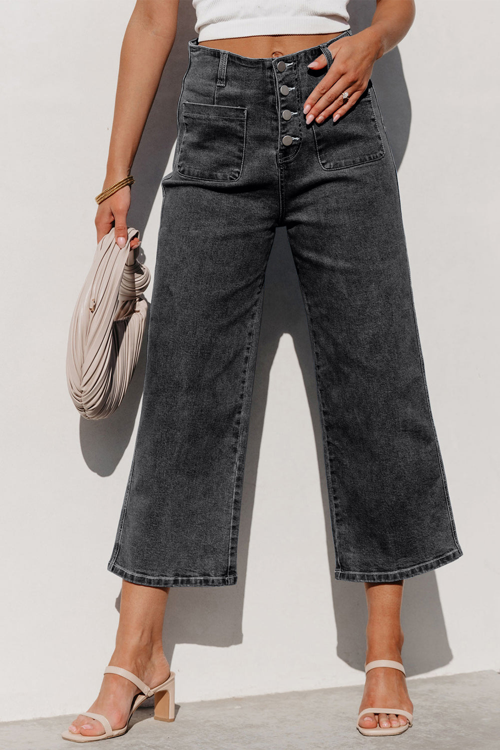 Gray High Waist Button Front Wide Leg Cropped Jeans