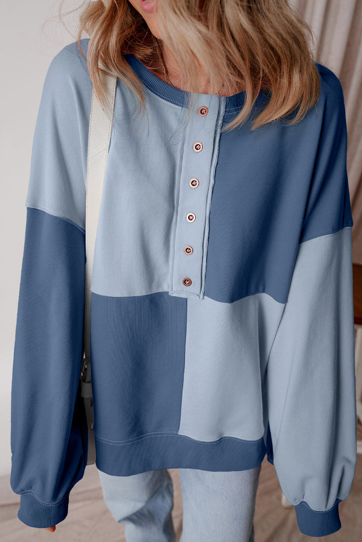 Colorblock Henley High Low Oversize Sweatshirt